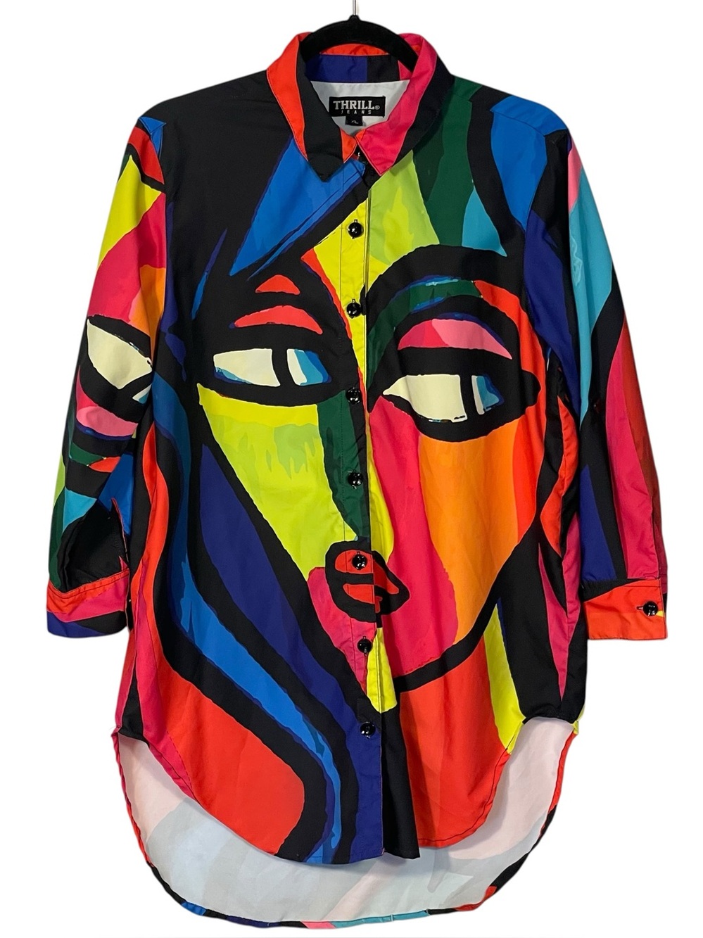 Vtg Thrill Jeans Women’s XL Abstract Colorful Art To Wear Face Button Down Tunic